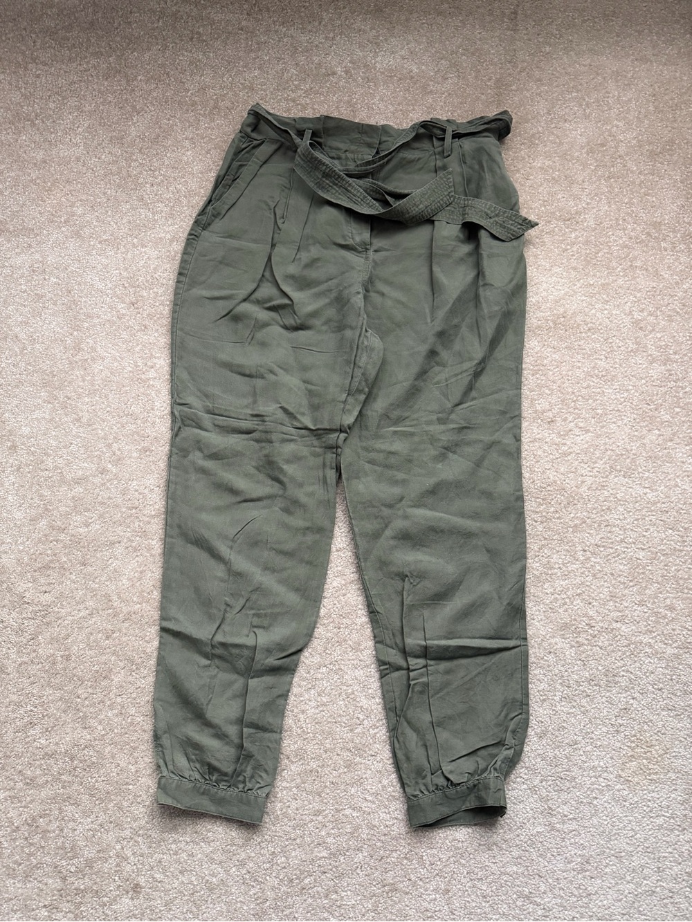 FRAME DENIM Olive Green Paperbag Tie-Waist Linen Joggers Size 10
